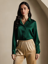 [Donkergroen] SilkSilky-NL 19Momme Lange Mouw Reverskraag Dames Blouse 006