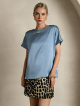 [Grijsachtig Blauw] SilkSilky-NL 19Momme Korte Mouw Boat Hals Dames T-Shirt 003