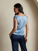 [Grijsachtig Blauw] SilkSilky-NL Cap Sleeve Cowl Neck Dames T-Shirt 002