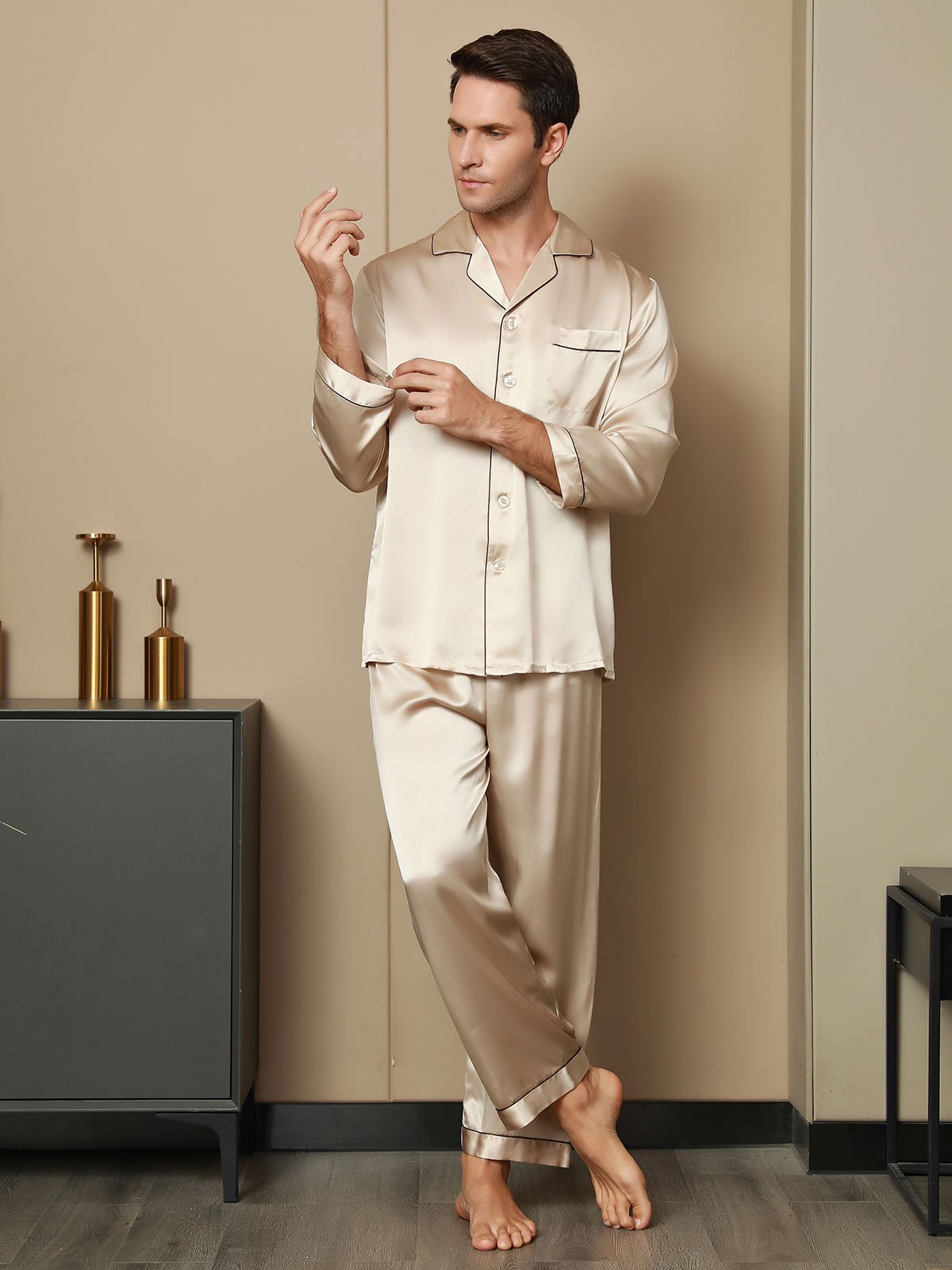 SilkSilky-NL Lange Mouw Revers Heren Pyjama Set Tan 006