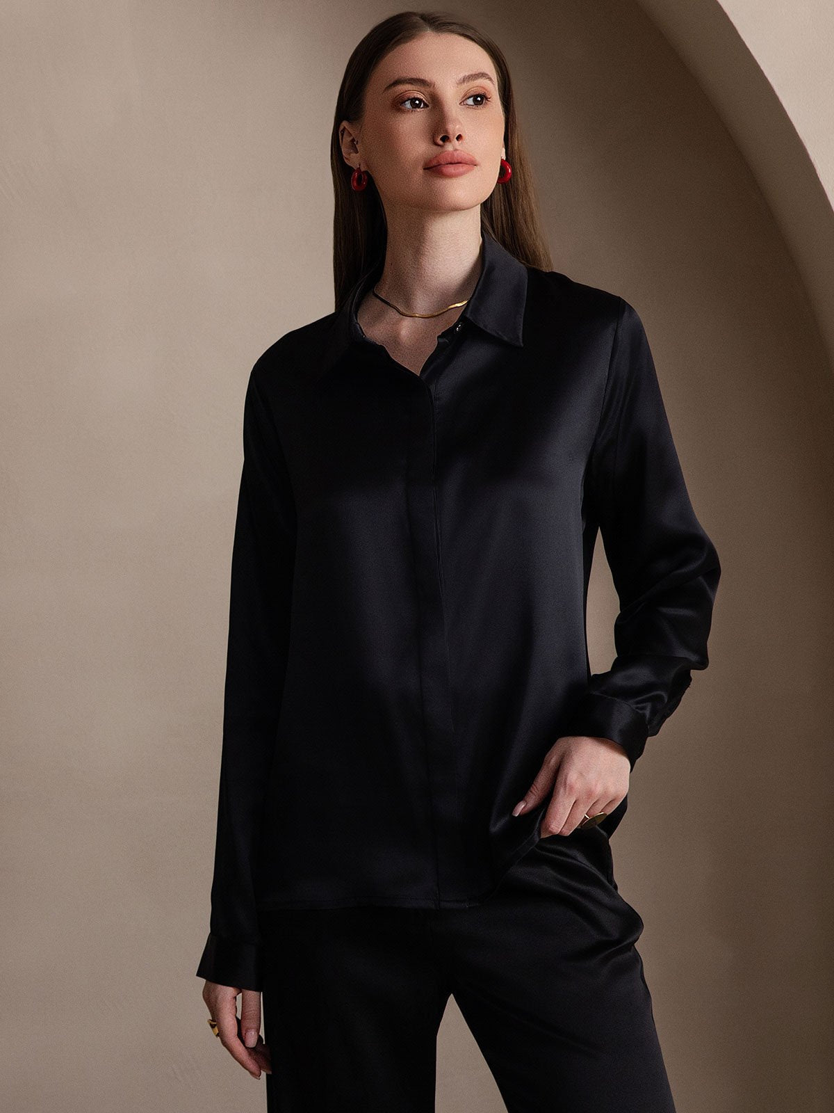 [Zwart] SilkSilky-NL 19Momme Zijde Lapel Collar Dames Blouse 003