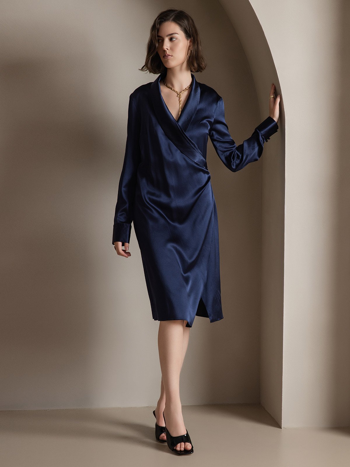 [Donkerblauw] SilkSilky-NL 19Momme Zijde Dress 005