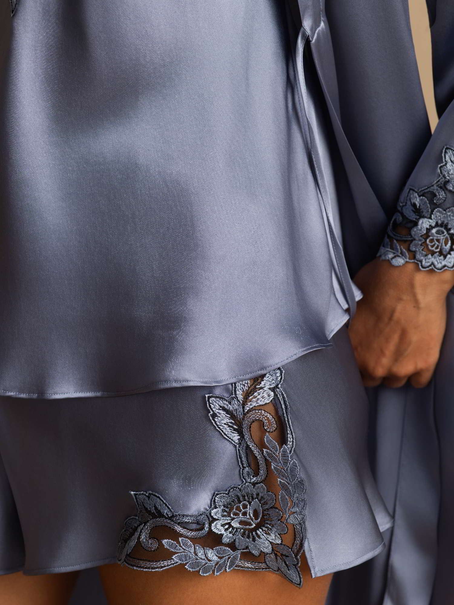 [Staal Blauw] SilkSilky-NL Zijde 3/4 Mouw Womens Pajamas 005