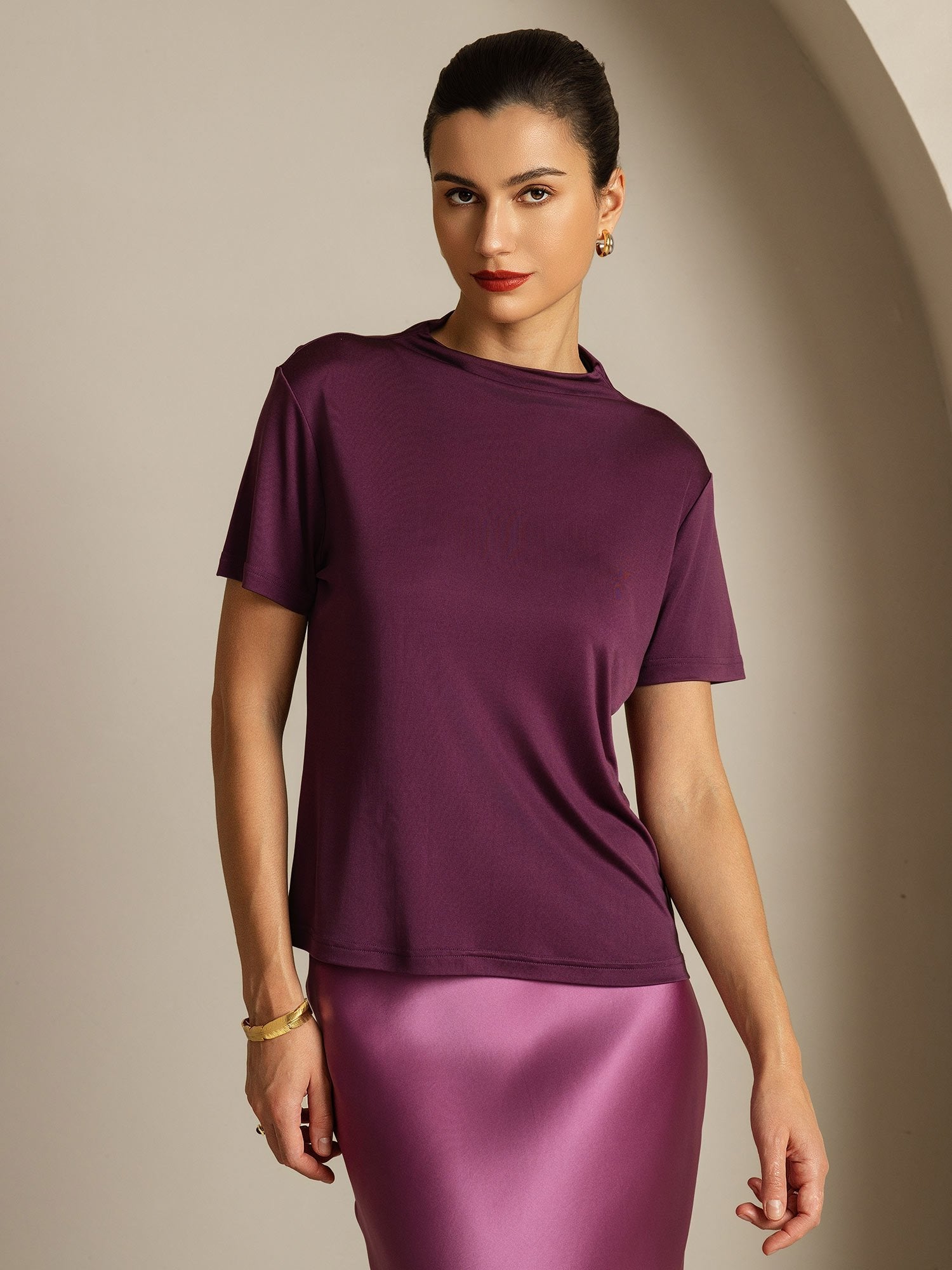 [Paars] SilkSilky-NL Zijde Kraag Dames T-Shirt 005