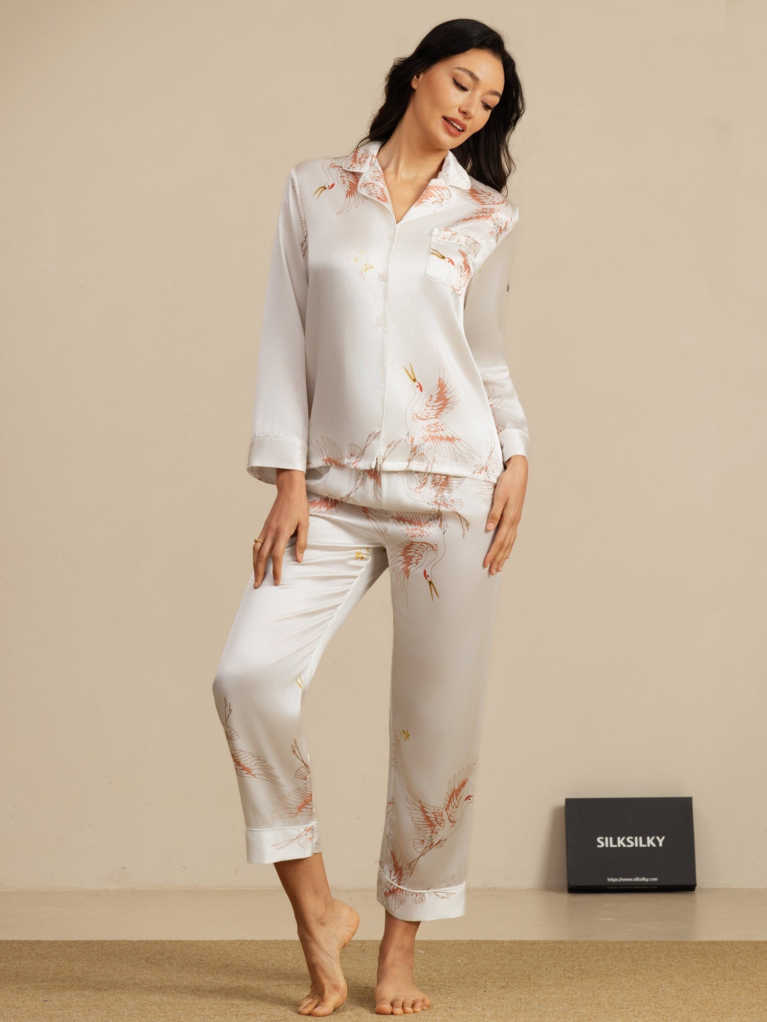 [Wit] SilkSilky-NL 19Momme Lange Mouw Notchkraag Dames Pyjama Set 003