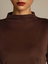 [Koffie] SilkSilky-NL 100% Silk Jersey Short Sleeve Mock Neck Dames T-Shirt 004