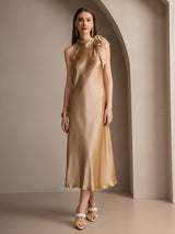 [Champagne] SilkSilky-NL 19Momme Stretch Silk Charmeuse Sleeveless Tie Neck Jurk 005