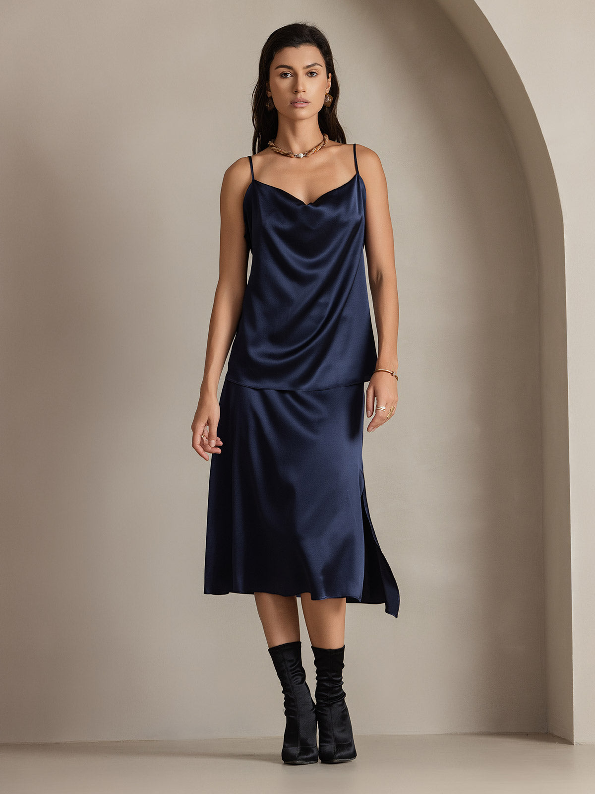[Donkerblauw] SilkSilky-NL 19Momme Zijde Skirt 004