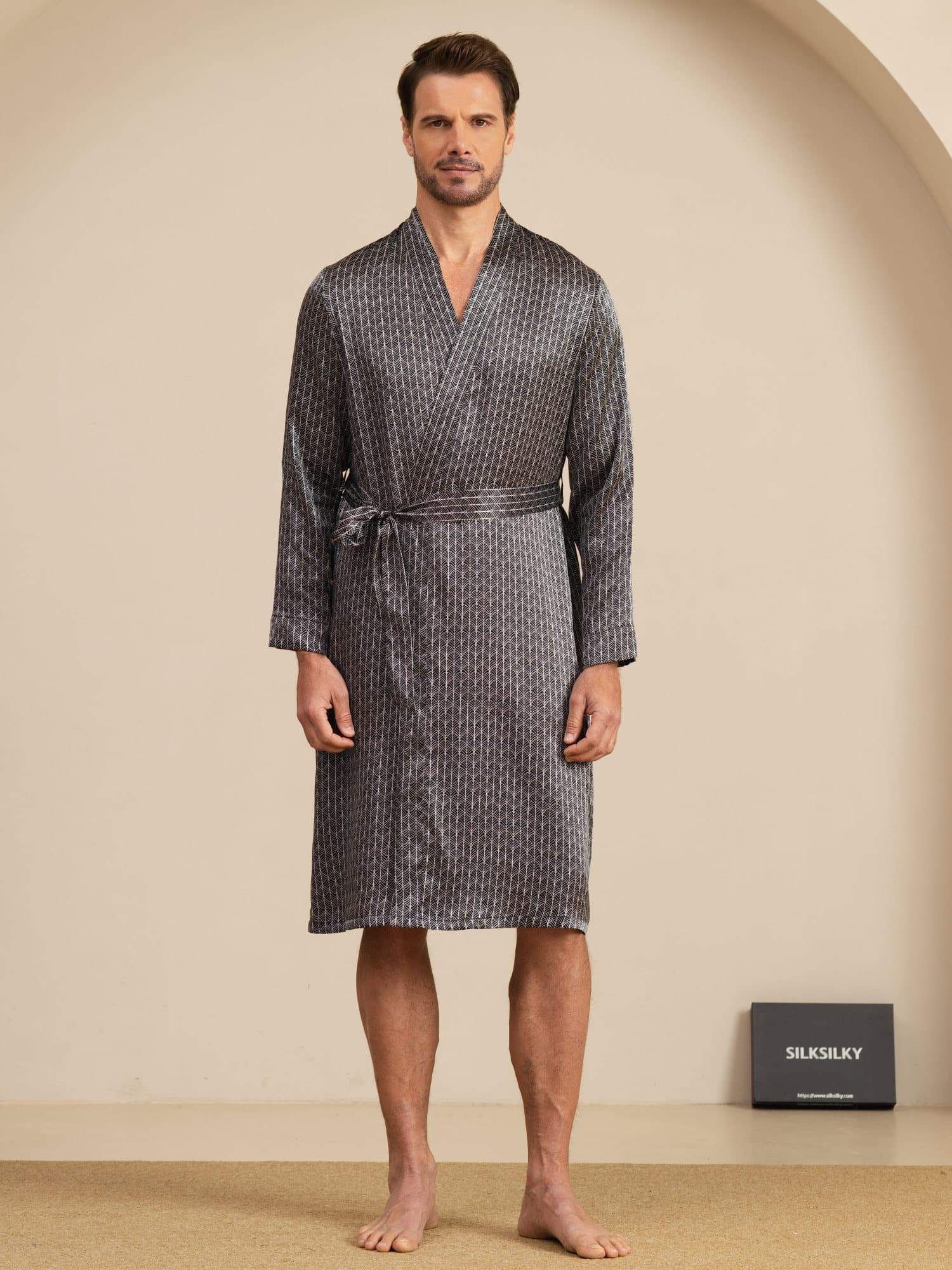 [Zwarte Ginkgo] SilkSilky-NL Long Sleeve V Neck Heren Kamerjas 007