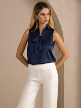 [Donkerblauw] SilkSilky-NL Sleeveless Tie Neck Cami-Top 004