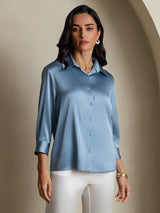 [Grijsachtig Blauw] SilkSilky-NL 3/4 Sleeve Lapel Collar Dames Blouse 004