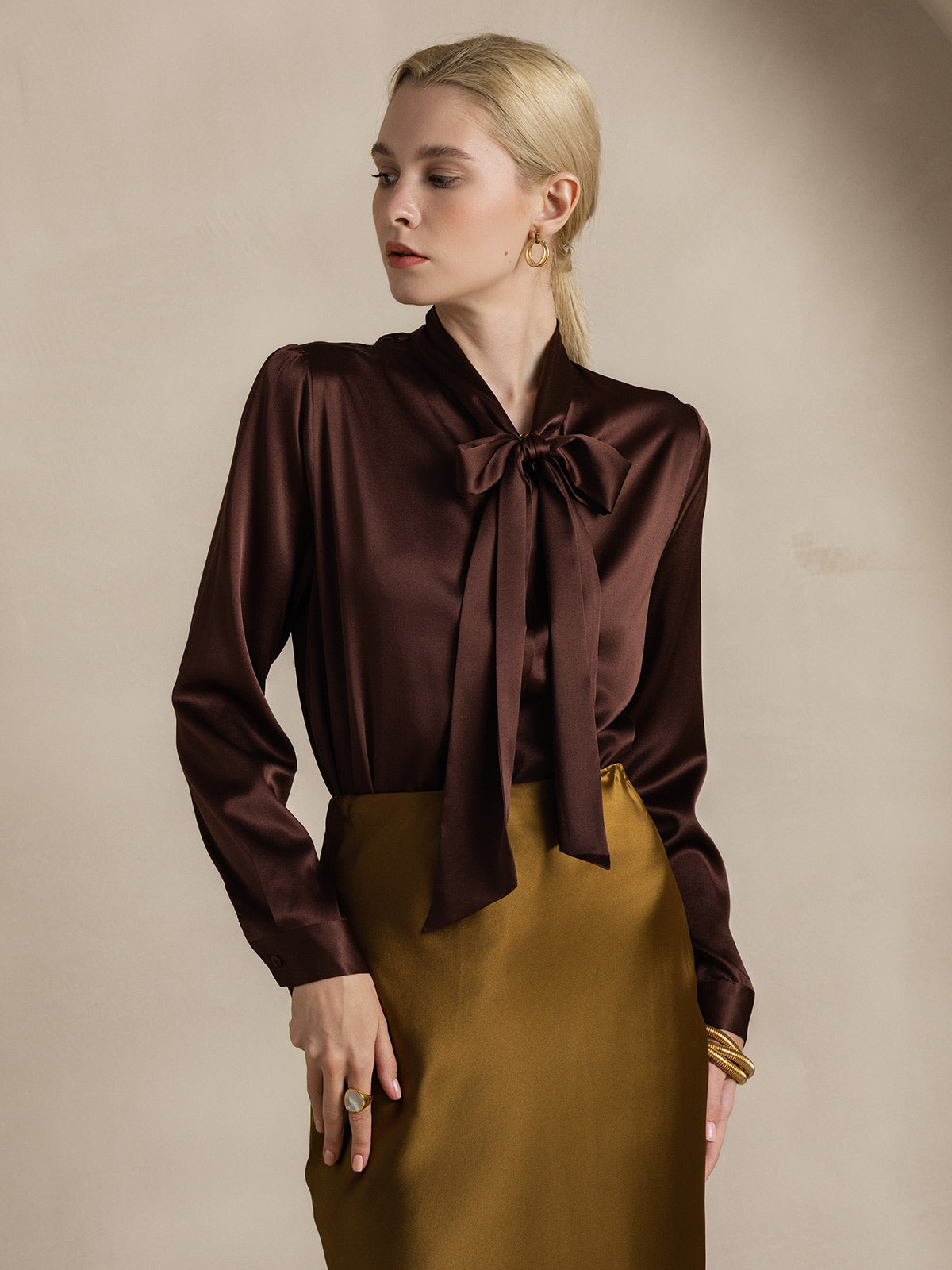 [Koffie] SilkSilky-NL 19Momme Zijde Lange Mouw Binda Hals Dames Blouse 001