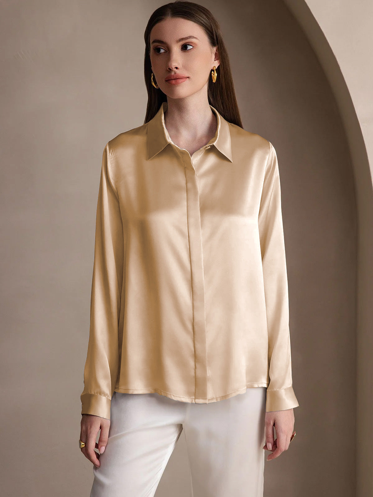 [Champagne] SilkSilky-NL 19Momme Zijde Lapel Collar Dames Blouse 004