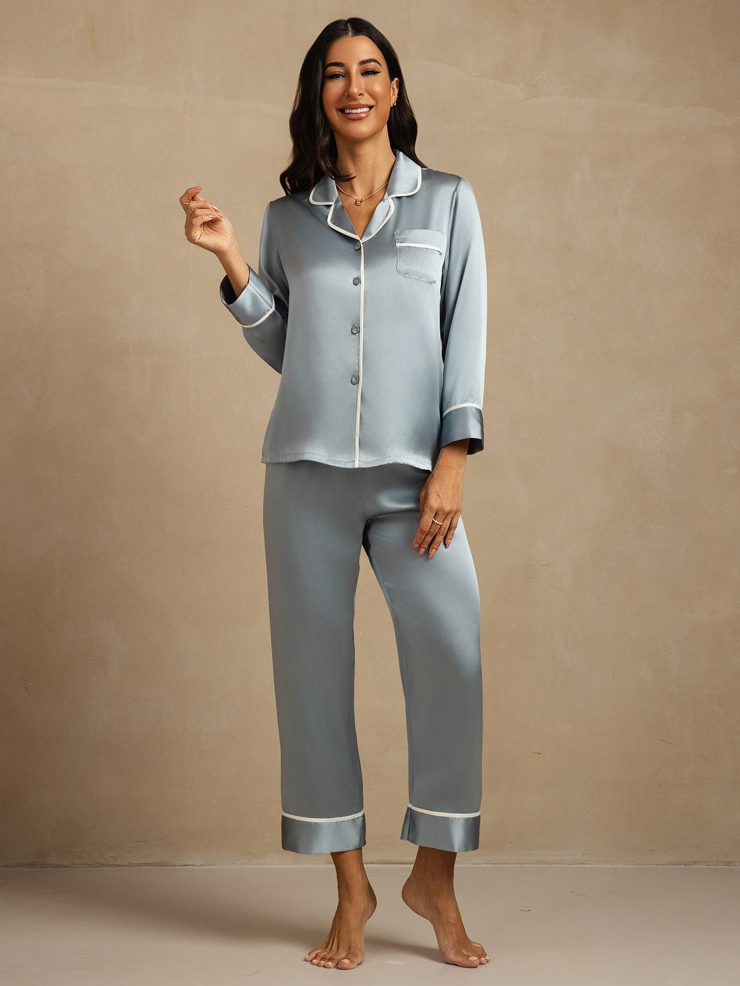[GrijsachtigBlauw] SilkSilky-NL Zijde Kraag Dames Pyjama Set 007