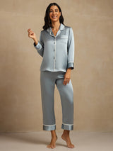[Grijsachtig Blauw] SilkSilky-NL Lange Mouw Notchkraag Dames Pyjama Set 007
