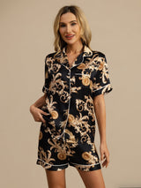 [Zwarte Draak] SilkSilky-NL Korte Mouw Notchkraag Dames Pyjama Set 001