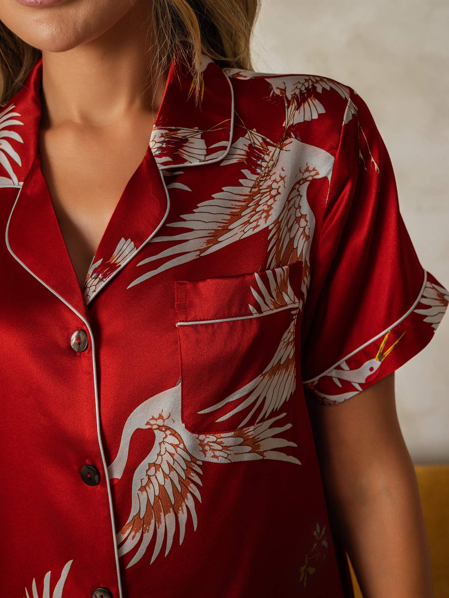 [Donkerrood] SilkSilky-NL 19Momme Korte Mouw Womens Pajamas 004