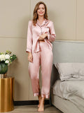 SilkSilky NL Pure Silk Lange Mouw Revers Dames Pyjama Set Roze 004