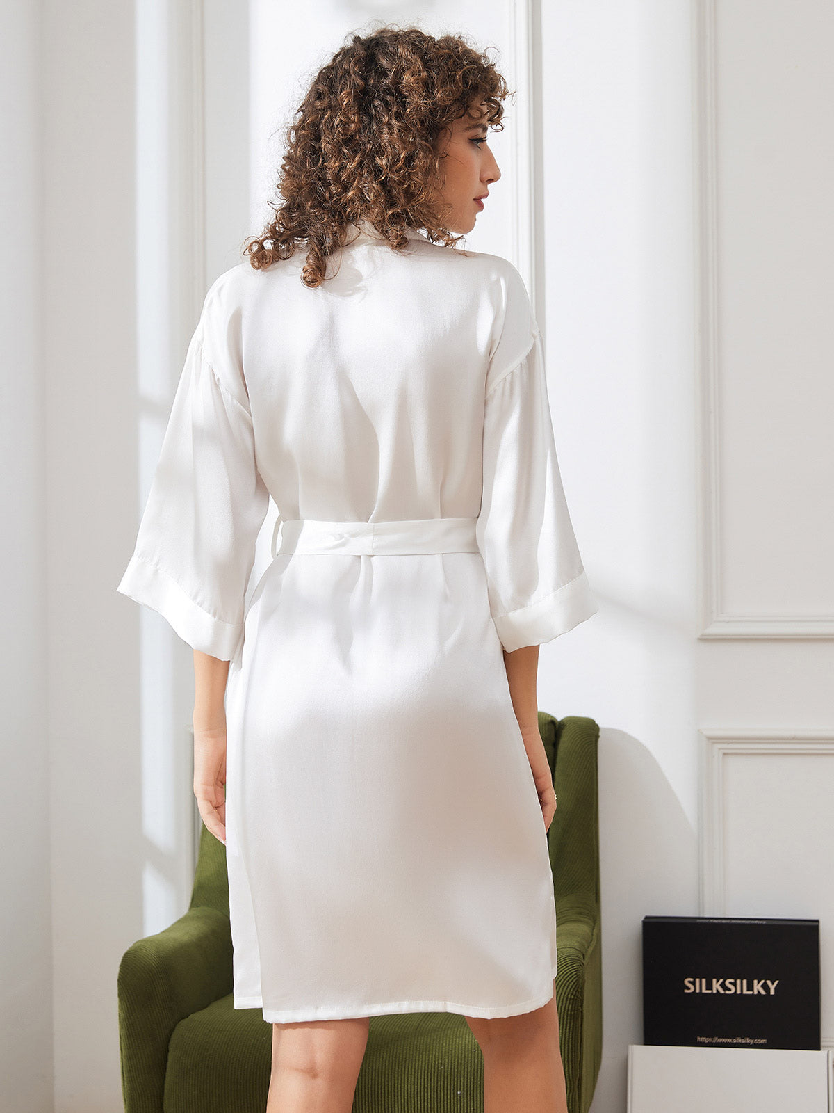 [Wit] SilkSilky-NL Pure Silk Halve Mouw Womens Robe 002