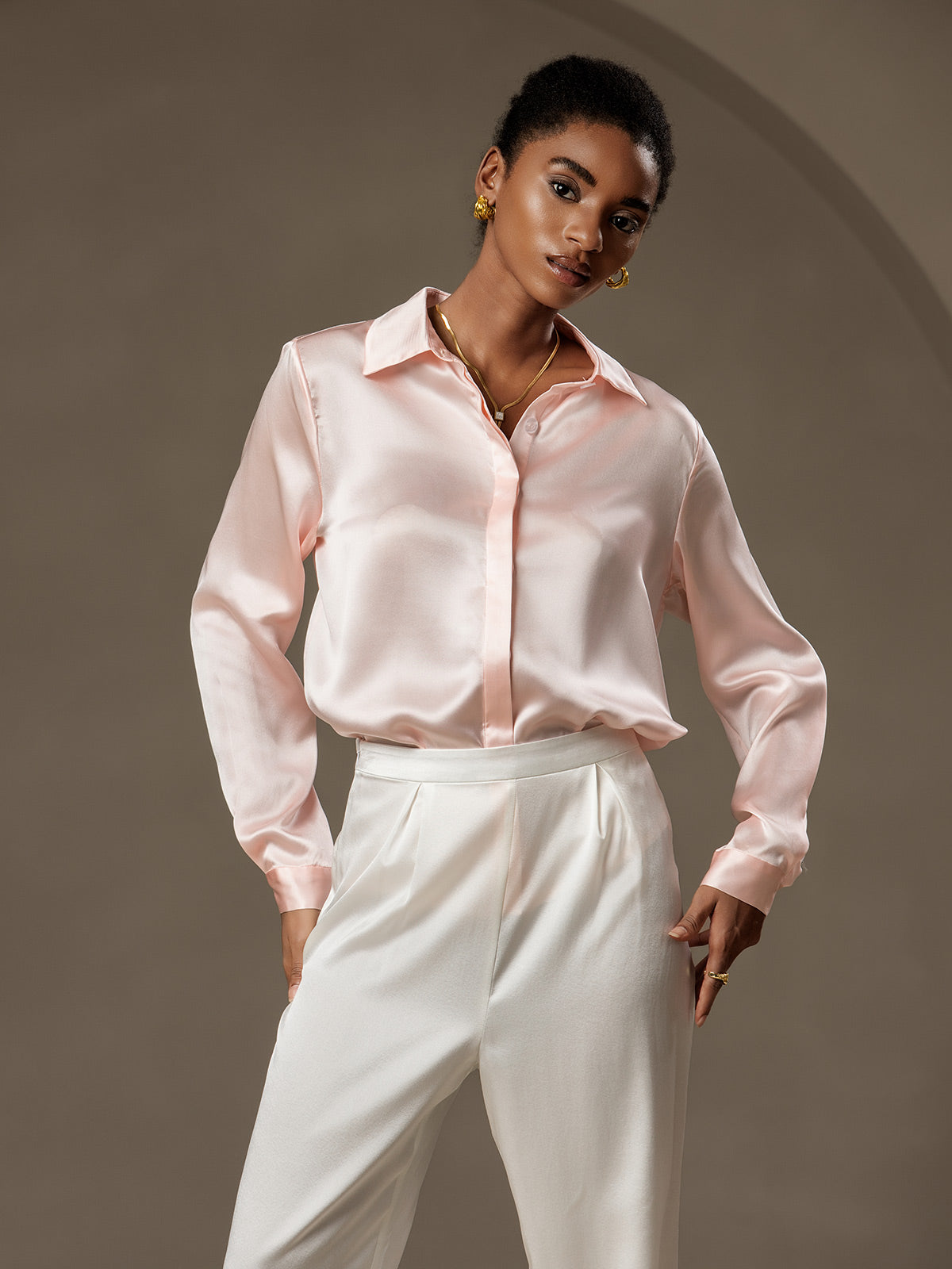 [Roze] SilkSilky-NL 19Momme Zijde Lapel Collar Dames Blouse 004