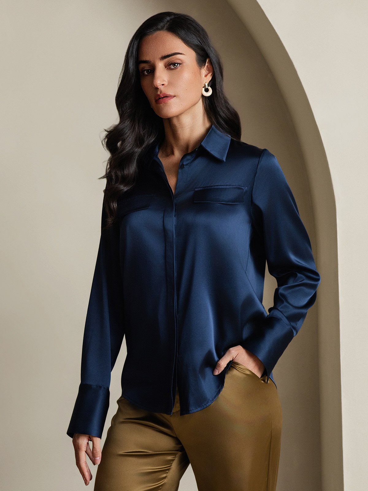 SilkSilky-NL 19Momme Zijde Lange Mouw Kraag Dames Blouse Donkerblauw 001