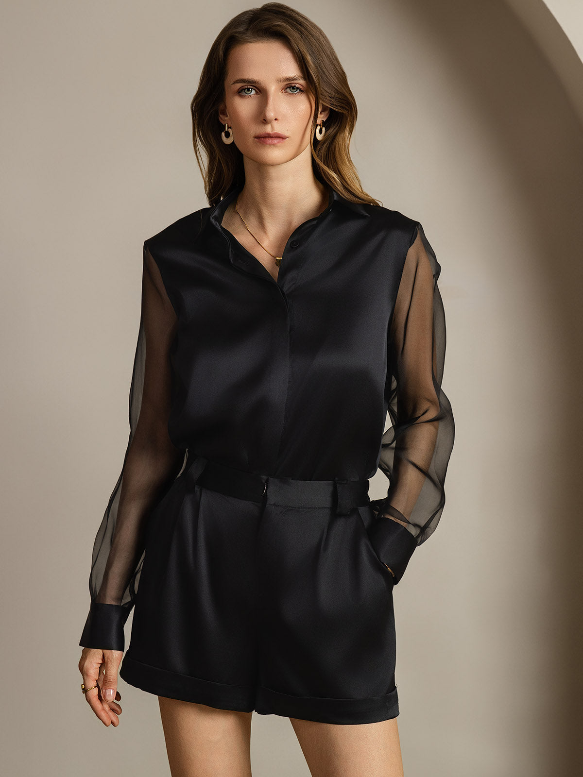 [Zwart] SilkSilky-NL 19Momme Zijde Kraag Dames Blouse 005