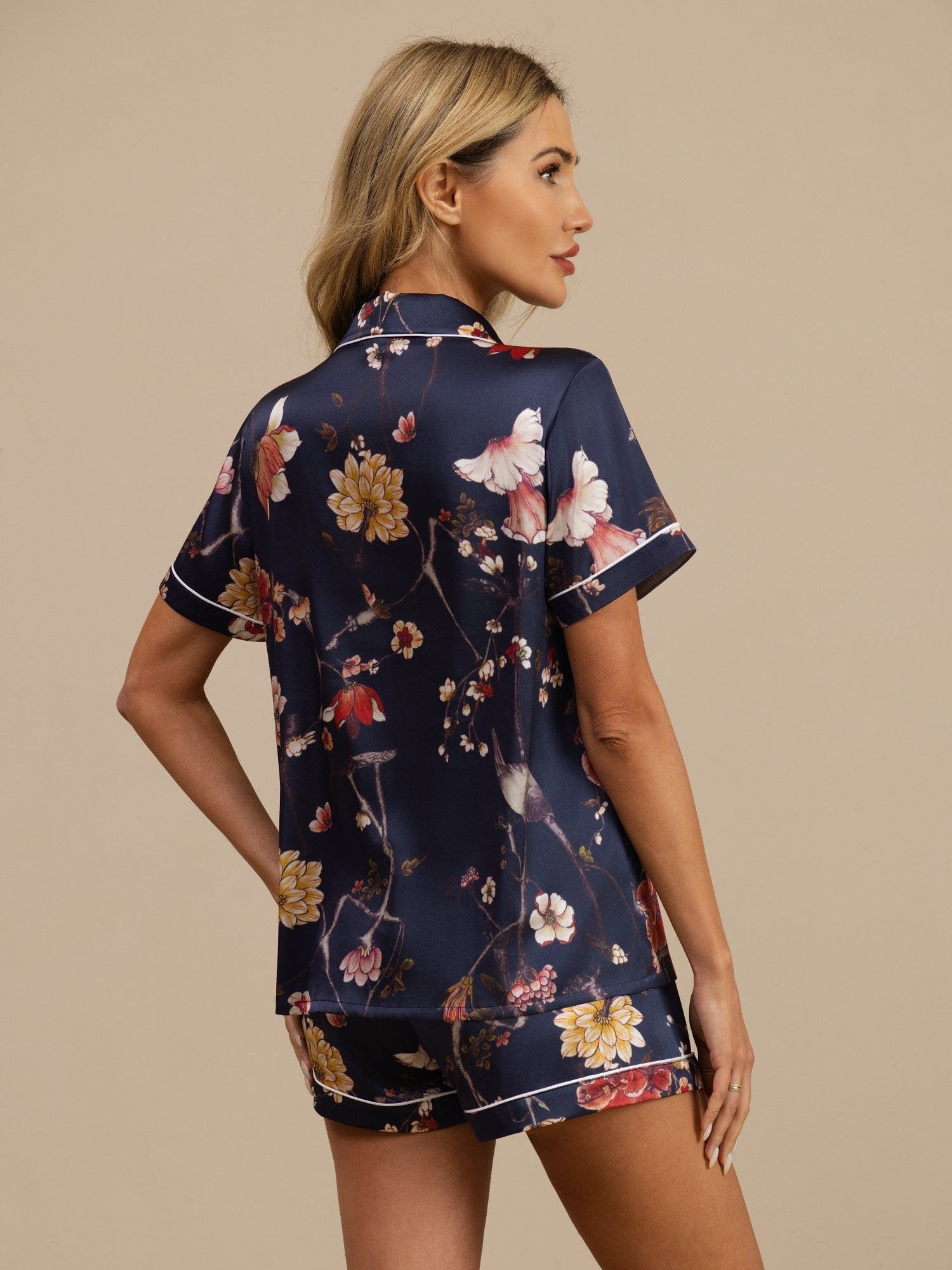 [Marine Bloemen] SilkSilky-NL Korte Mouw Notchkraag Dames Pyjama Set 002