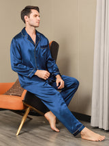 [Donkerblauw] SilkSilky-NL Lange Mouw Notchkraag Heren Pyjama Set 003