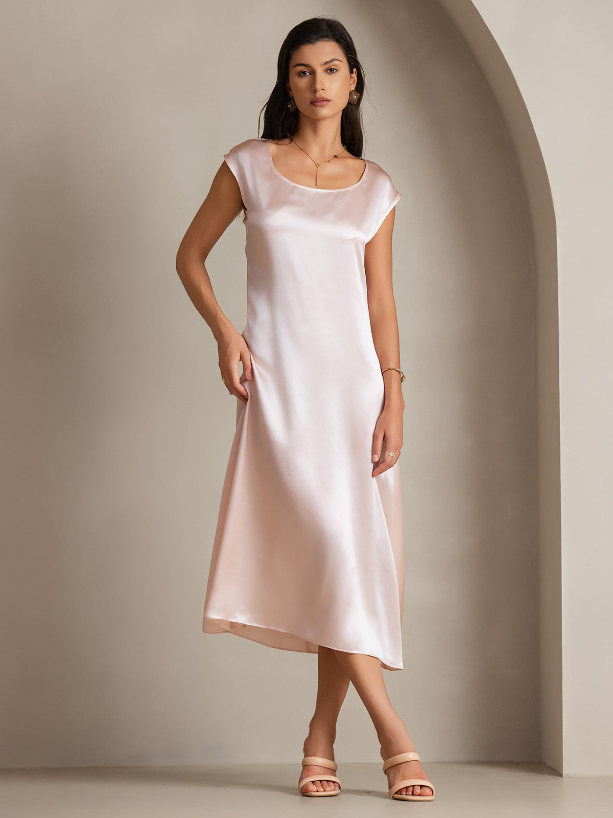 SilkSilky-NL 19Momme Zijde Mouwloos Ronde Hals Jurk Roze 002