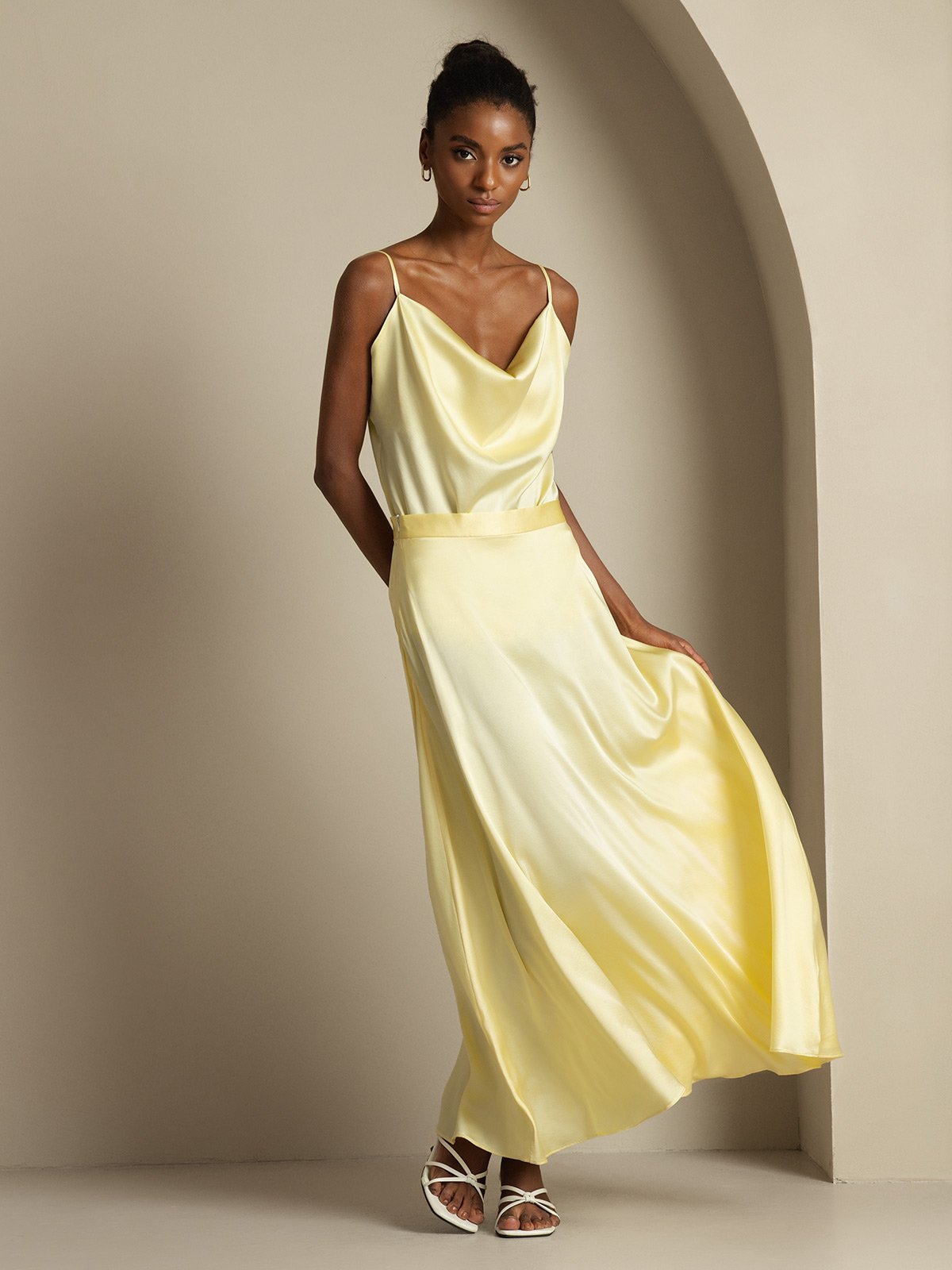 [Lichtgeel] SilkSilky-NL 19Momme Spaghetti Bandjes Waterval Hals Women''s Outfit Sets 006