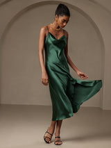[Donkergroen] SilkSilky-NL Spaghetti Bandjes Waterval Hals Jurk 006