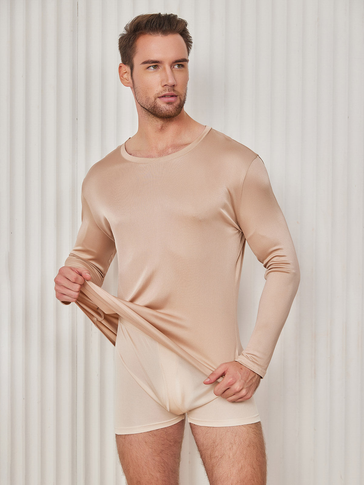 [Beige] SilkSilky-NL Zijde Gebreid Ronde Hals Heren T-Shirt 003