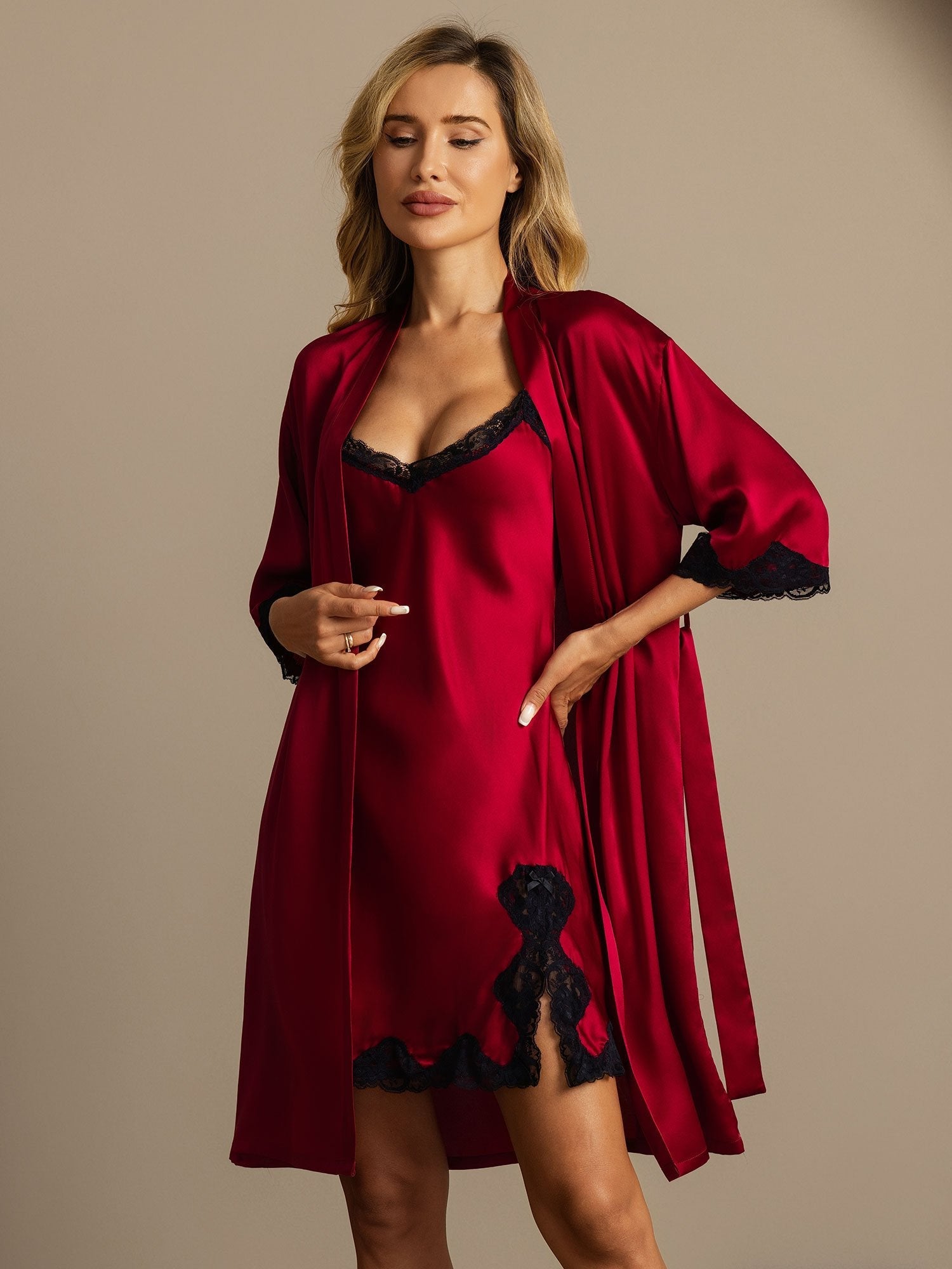 [Wijn] SilkSilky-NL Zijde Nightgown&Robe Set 003