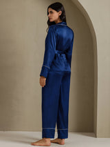 [Donkerblauw] SilkSilky-NL Long Sleeve Shawl Collar Dames Pyjama Set 002