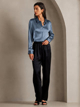 [Echt Petrol] SilkSilky-NL Long Sleeve Lapel Collar Dames Blouse 005