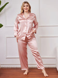 SilkSilky NL Pure Silk Lange Mouw Revers Dames Grote maten Pyjama Set Roze 001