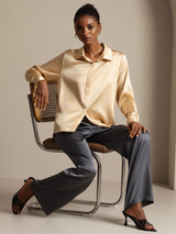 [Champagne] SilkSilky-NL Long Sleeve Lapel Collar Dames Blouse 009