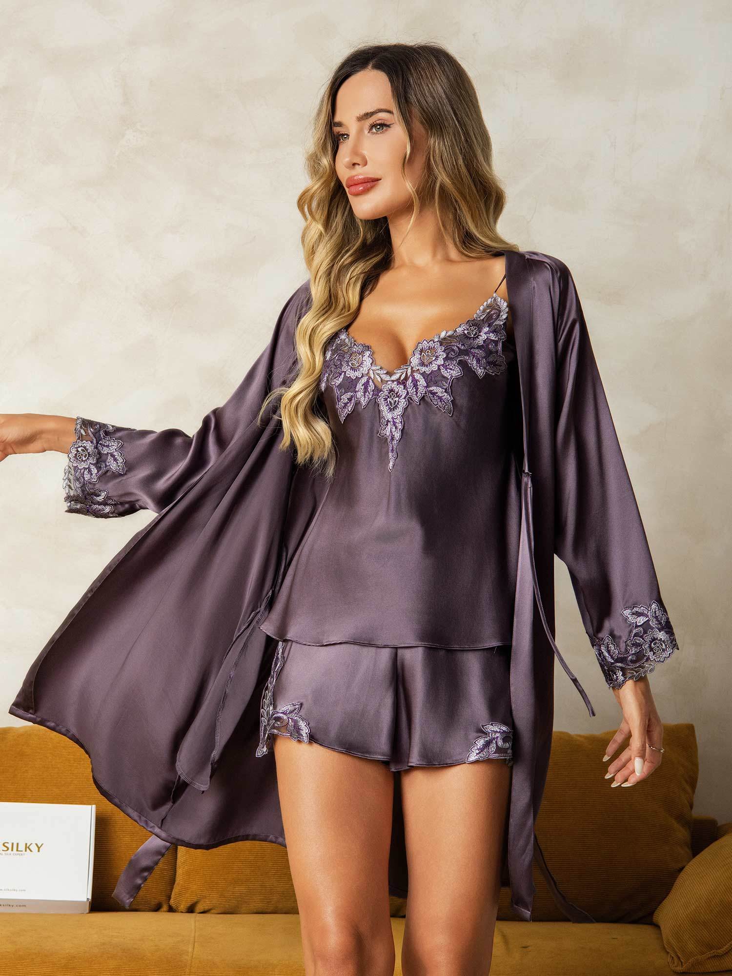 [Paars Grijs] SilkSilky-NL Zijde Womens Pajamas 001