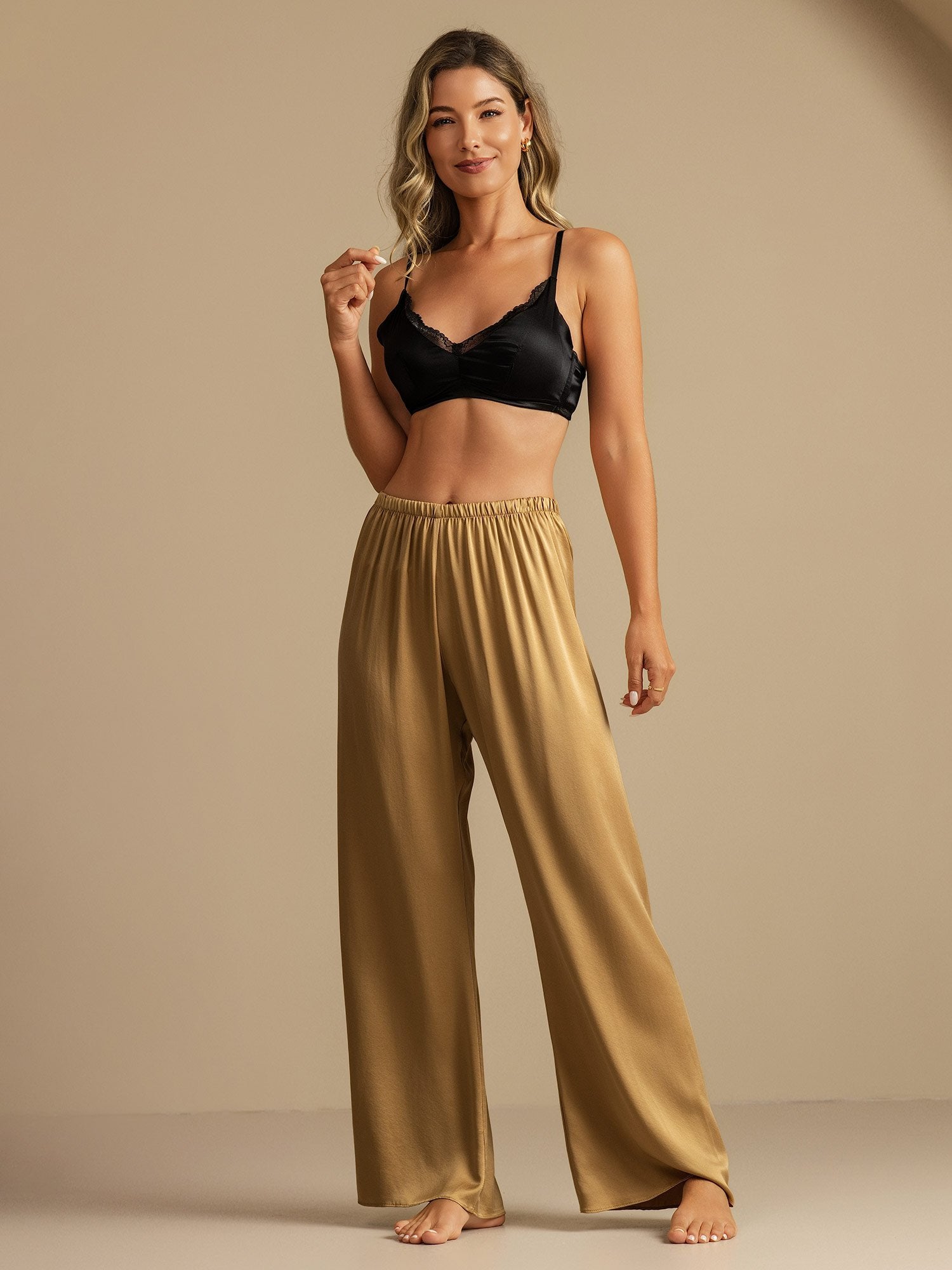 [Tan] SilkSilky-NL 19Momme Zijde Womens Sleep Bottoms 006,