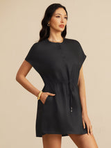 [Zwart] SilkSilky-NL 18Momme Kapmouwtjes Henley-hals Jurk 001