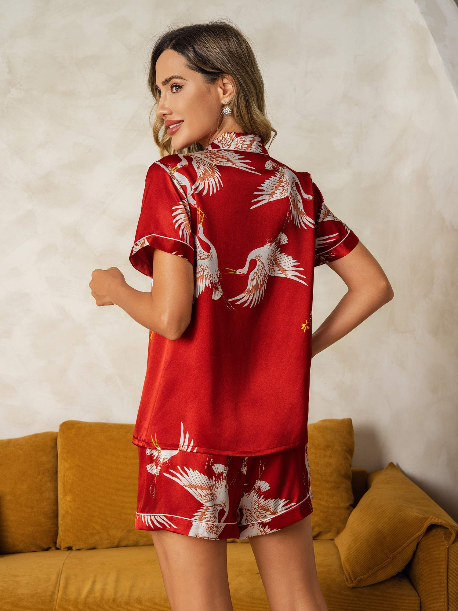 [Donkerrood] SilkSilky-NL 19Momme Korte Mouw Notchkraag Dames Pyjama Set 002