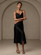 [Zwart] SilkSilky-NL Spaghetti Bandjes Waterval Hals Jurk 004