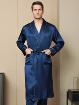 [Donkerblauw] SilkSilky-NL Pure Silk Lange Mouw Revers Heren Kamerjas 001