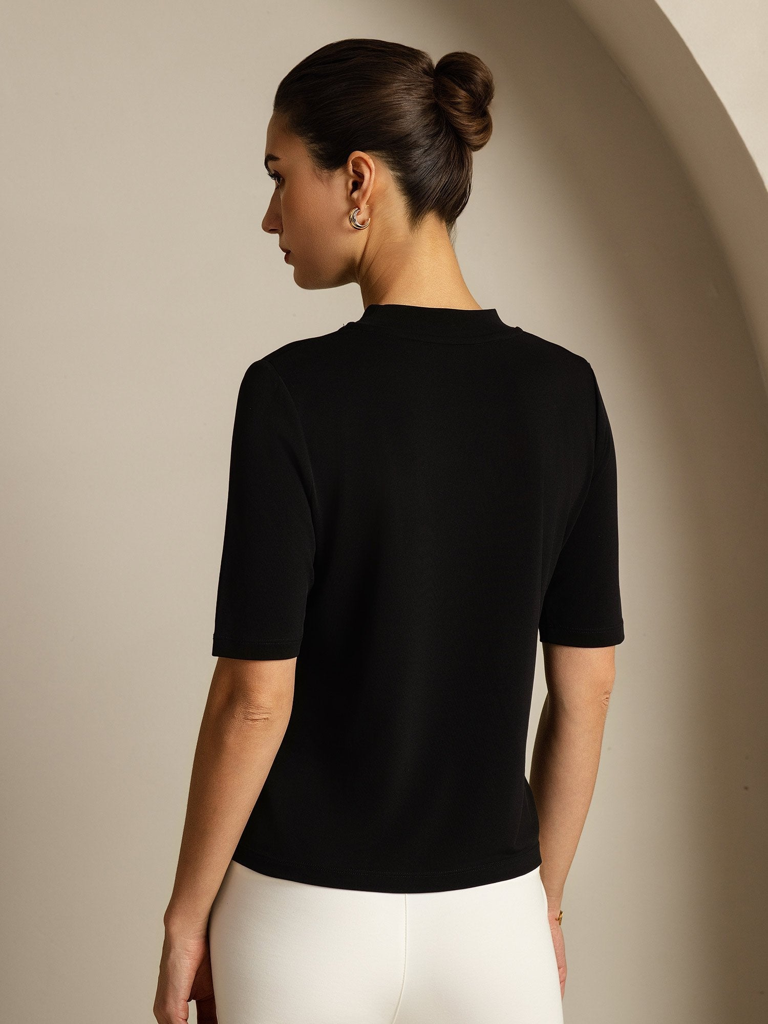 [Zwart] SilkSilky-NL Zijde Ronde Hals Dames T-Shirt 002