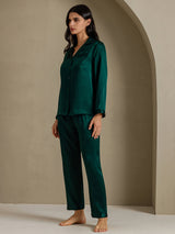 [Donkergroen] SilkSilky-NL Long Sleeve Lapel Collar Dames Pyjama Set 007