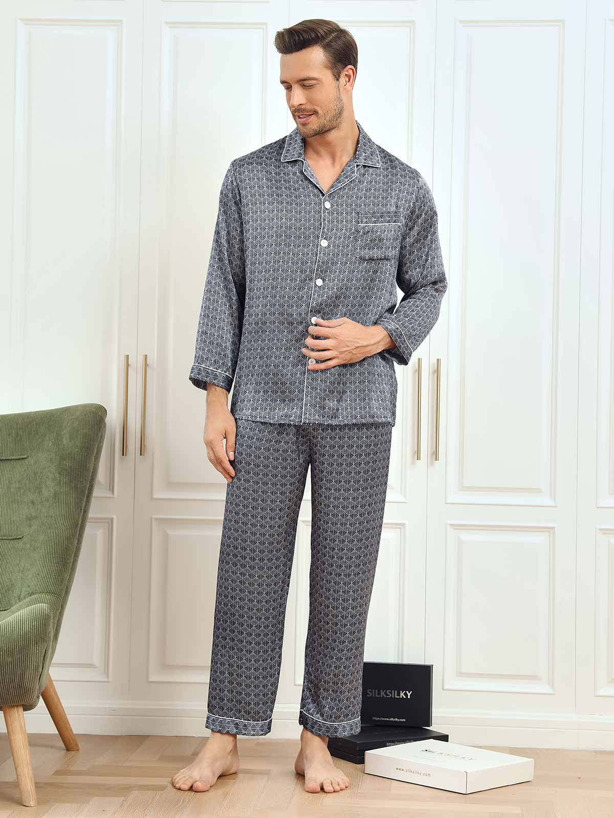 SilkSilky NL 19Momme Pure Silk Lange Mouw Revers Heren Pyjama Set Donkerblauw 004