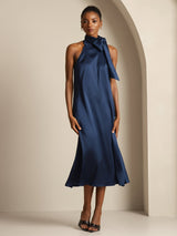 [Donkerblauw] SilkSilky-NL Sleeveless Tie Neck Jurk 001