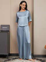 [Grijsachtig Blauw] SilkSilky-NL Half Sleeve Round Neck Dames Pyjama Set 005