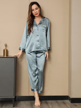 [Staal Blauw] SilkSilky-NL Long Sleeve Lapel Collar Dames Pyjama Set 001