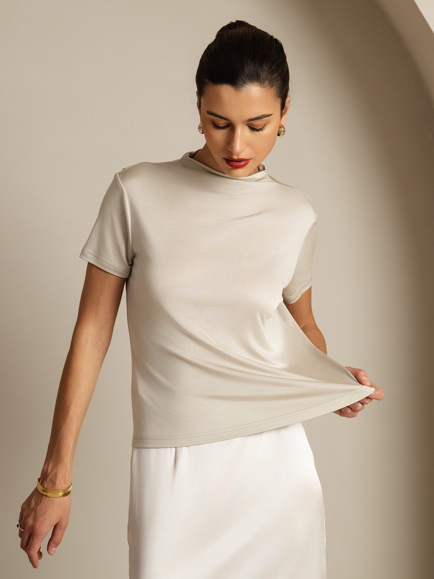 [Grijs] SilkSilky-NL Zijde Kraag Dames T-Shirt 003